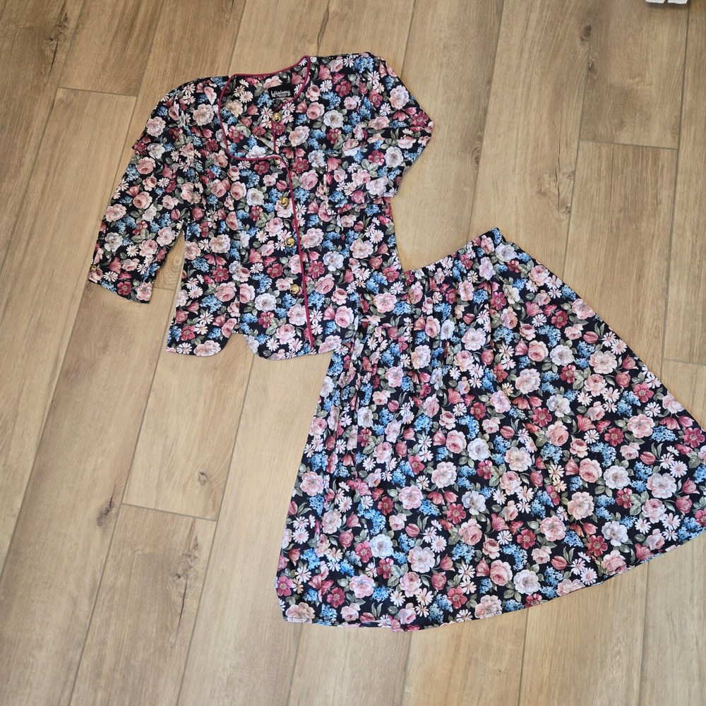Whirlaway Frocks Vintage Floral Skirt Set 10P Pink Blue Black 2 Piece USA Made